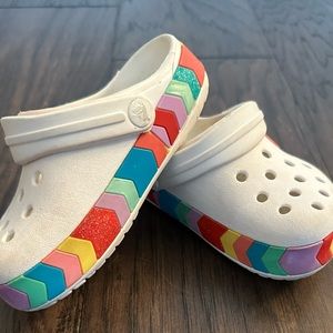 White with rainbow bottom crocs